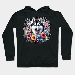 A siberian husky decorated with beautiful colorful flowers. Hoodie